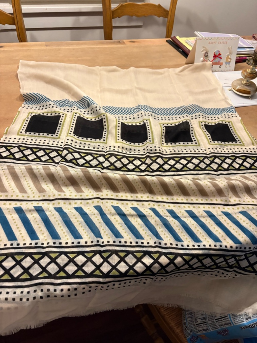 White + Warren Cream Scarf with Blue and Black Geometric Print